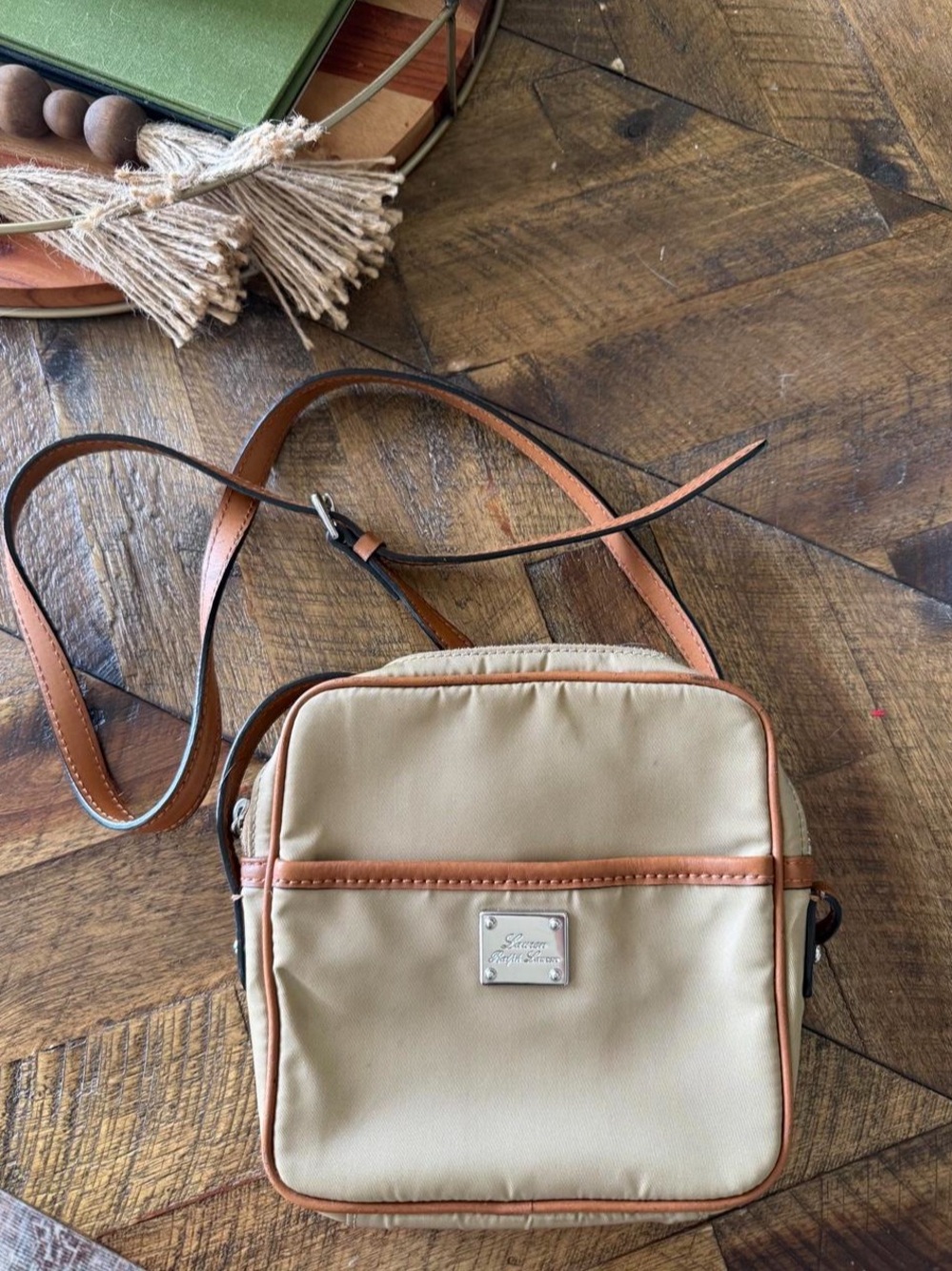 Lauren Ralph Lauren Tan Nylon Crossbody Bag with Leather Trim